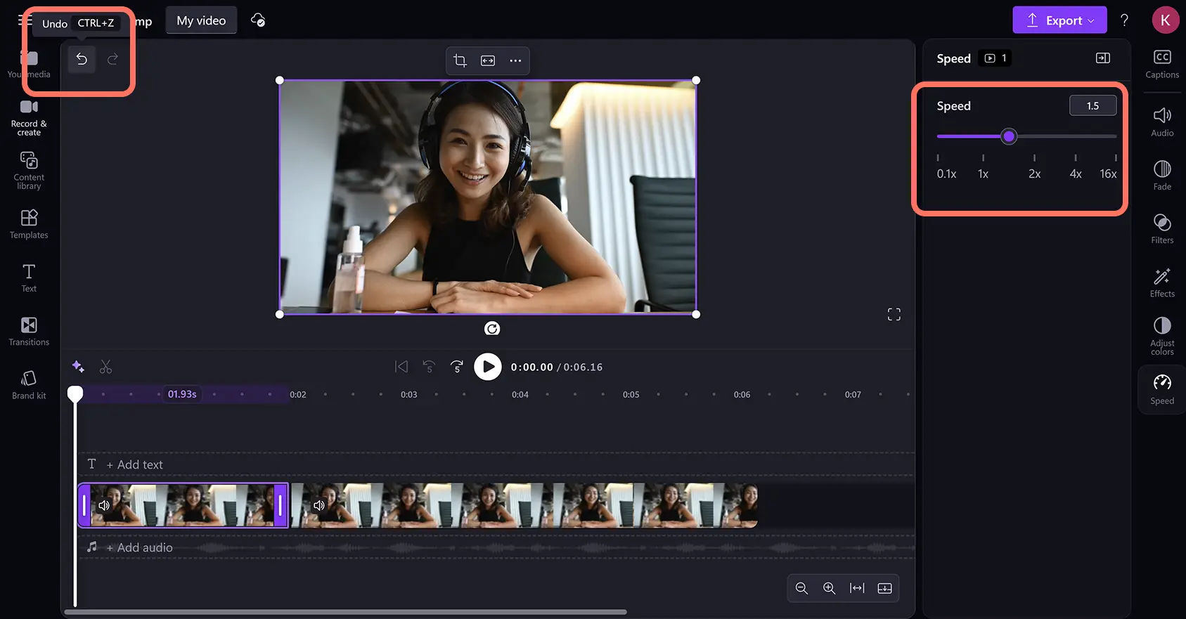 A user undoing a video speed change in Clipchamp video editor.
