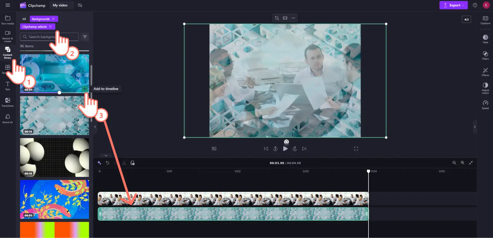 A user dragging and dropping a video background under a transparent image in Clipchamp.