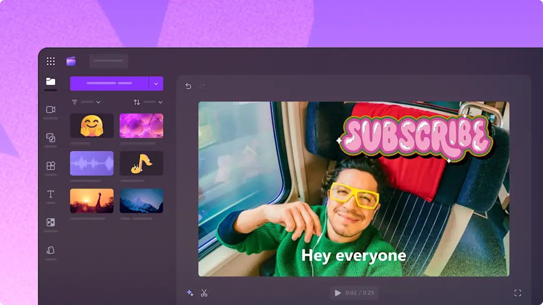 En representasjon av redigering av en videoblogg på YouTube på videoredigeringsprogrammet i Clipchamp med grafikk hvor det står Abonner