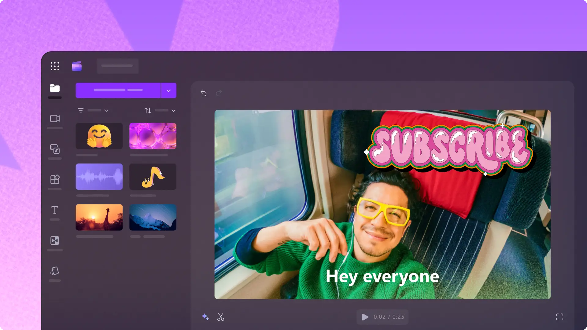 A representation of editing a vlog YouTube video on Clipchamp video editor with a graphic that says Subscribe.