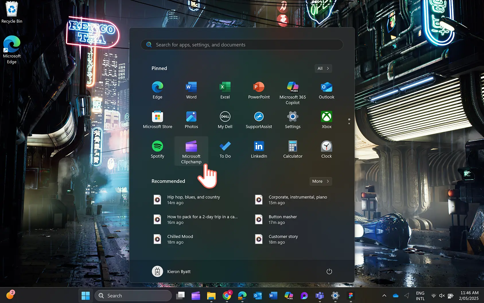A user clicking on the Microsoft Clipchamp Windows app in the Windows 11 start menu.