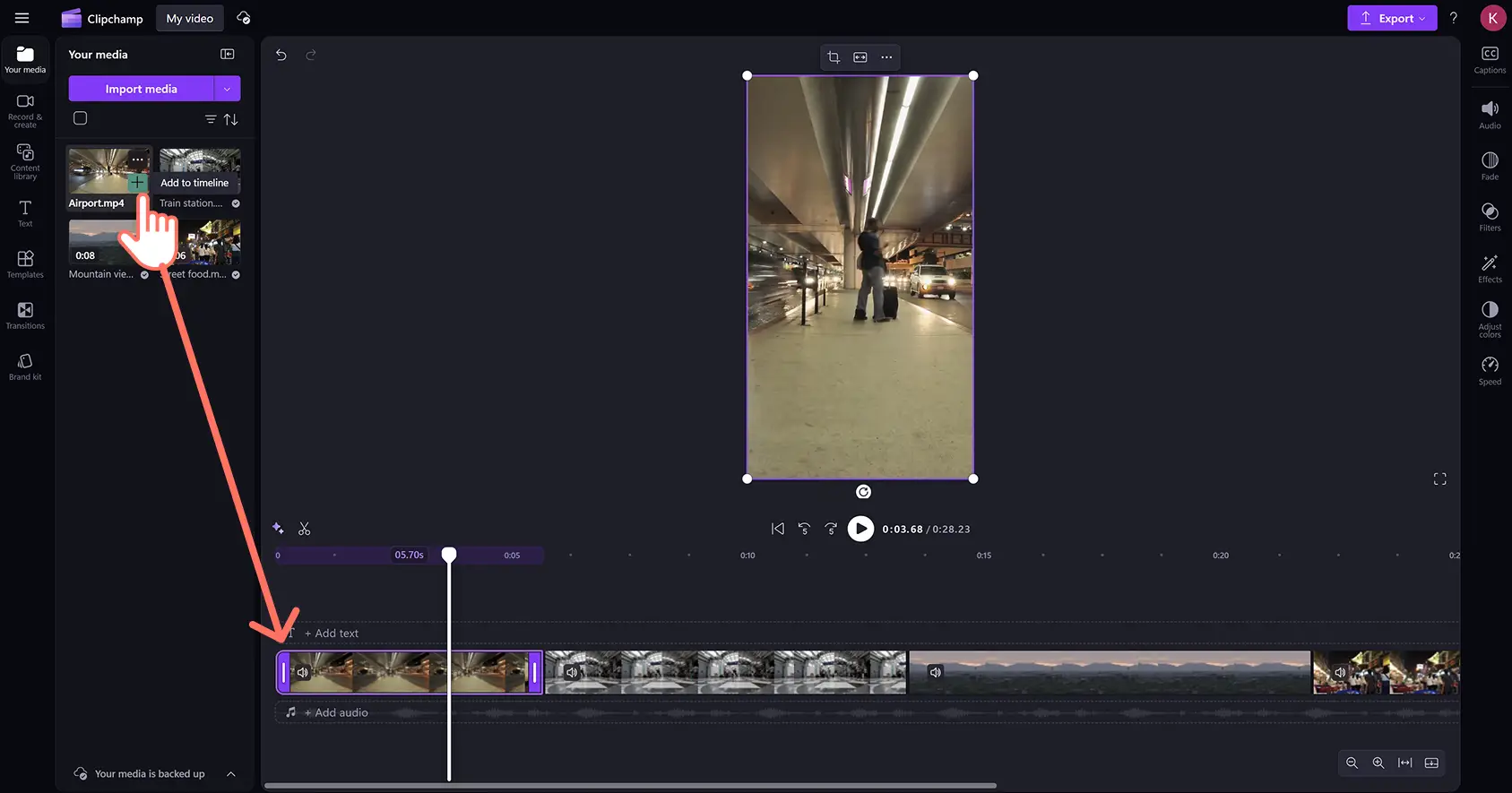 A user adding travel highlight clips to the timeline in Clipchamp video editor.