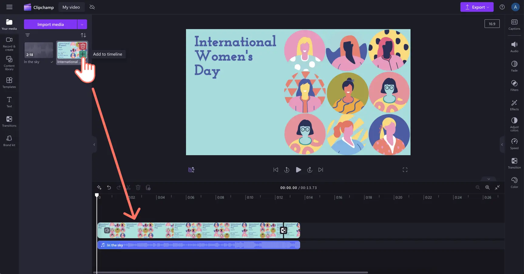 Image of a user adding their imported video to the timeline in Clipchamp.