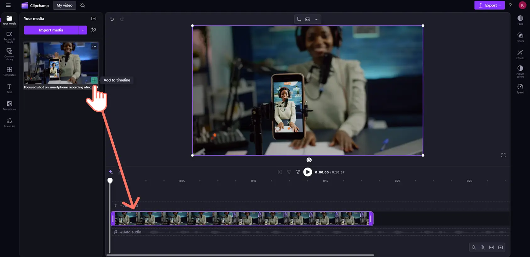 A user adding a YouTube video to the timeline in Clipchamp.