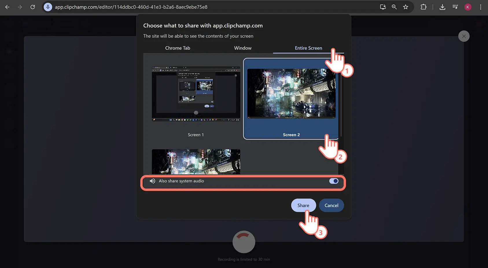 A user recording a Windows entire screen using Clipchamp video editor.
