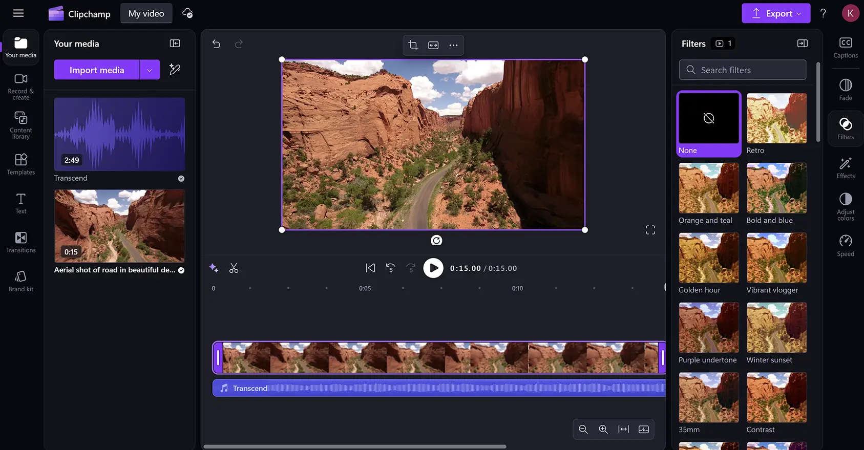 The full video editor view displaying the toolbar, property panel, and timeline in Clipchamp.