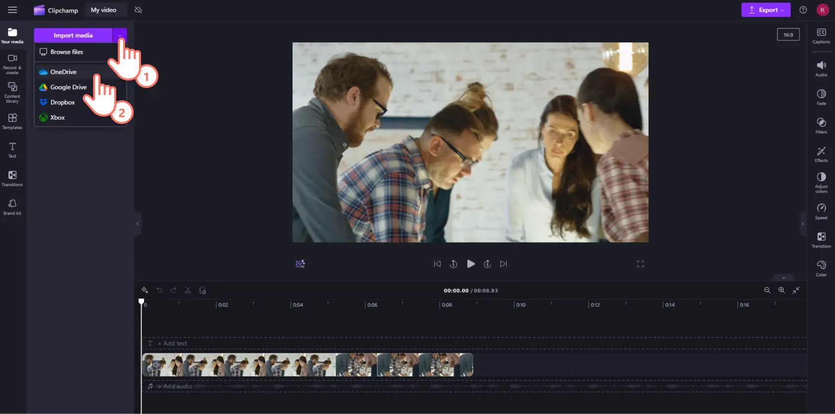 An image of a Clipchamp user hovering their cursor over the OneDrive option inside the import media dropdown menu.