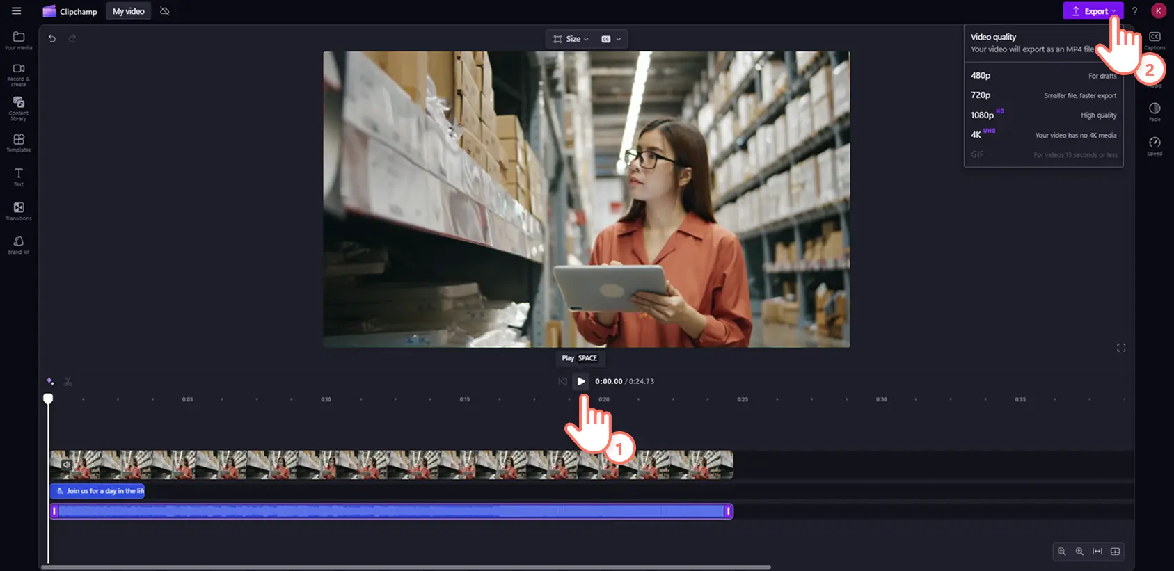 A user exporting a video with replaced audio in Clipchamp.