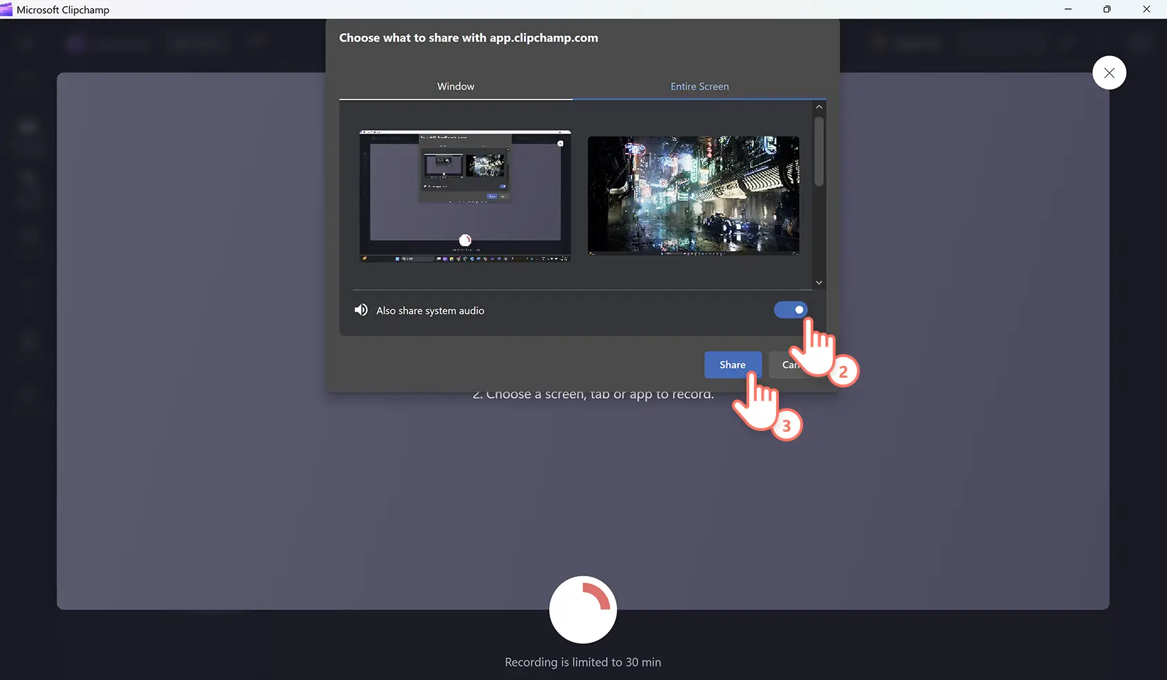 A user clicking on the record entire screen option using the screen recorder in the Microsoft Clipchamp Windows app on Windows 11.