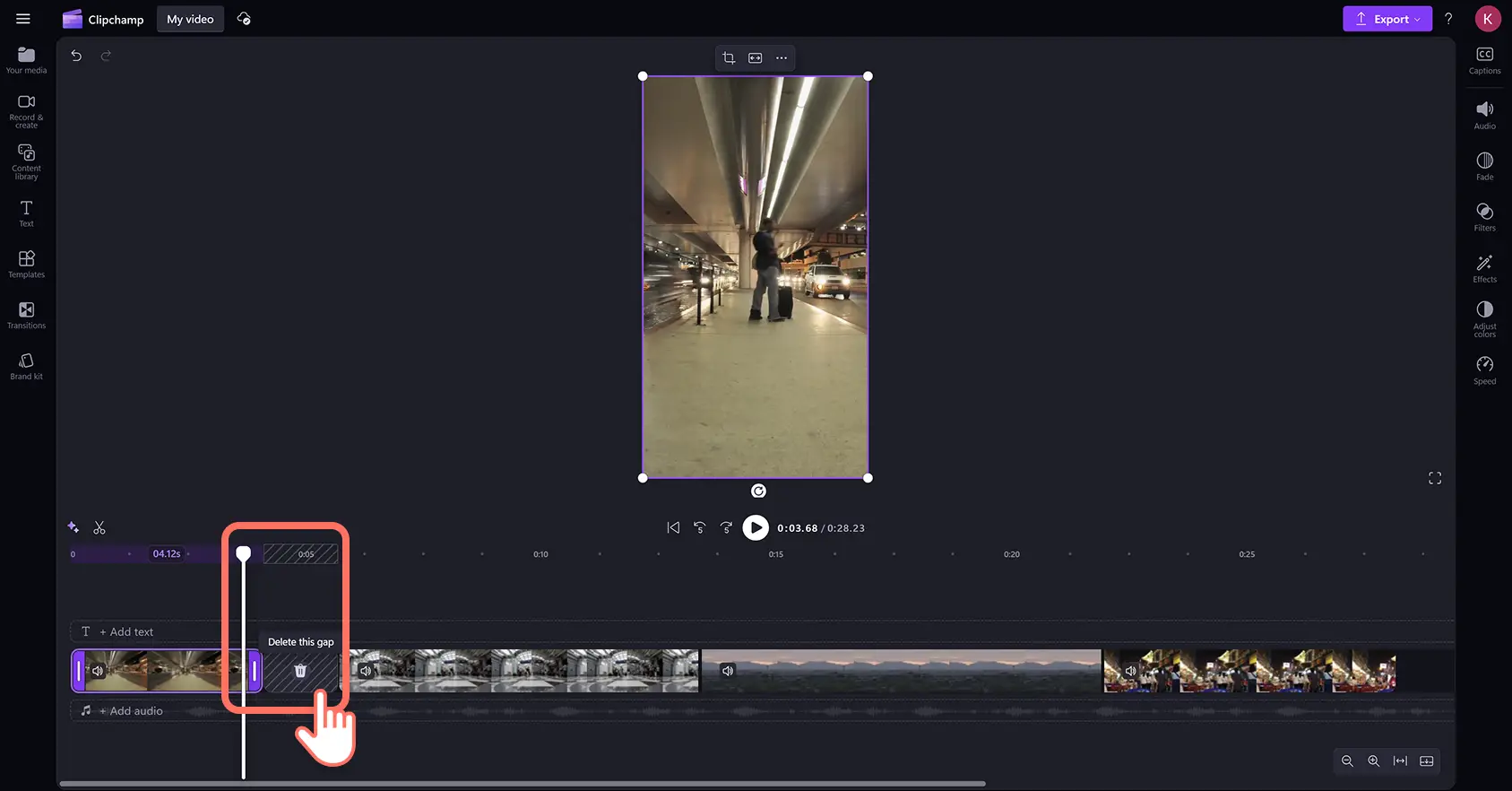 A user deleting a gap from the timeline using gap removal in Clipchamp video editor.