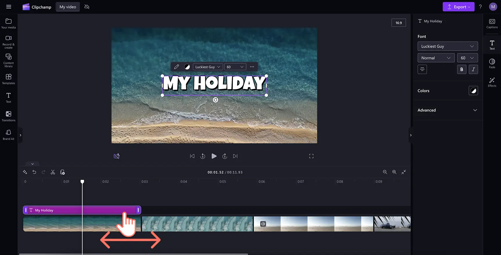 ผู้ใช้กำลังแก้ไขความยาวของข้อความใน Clipchamp