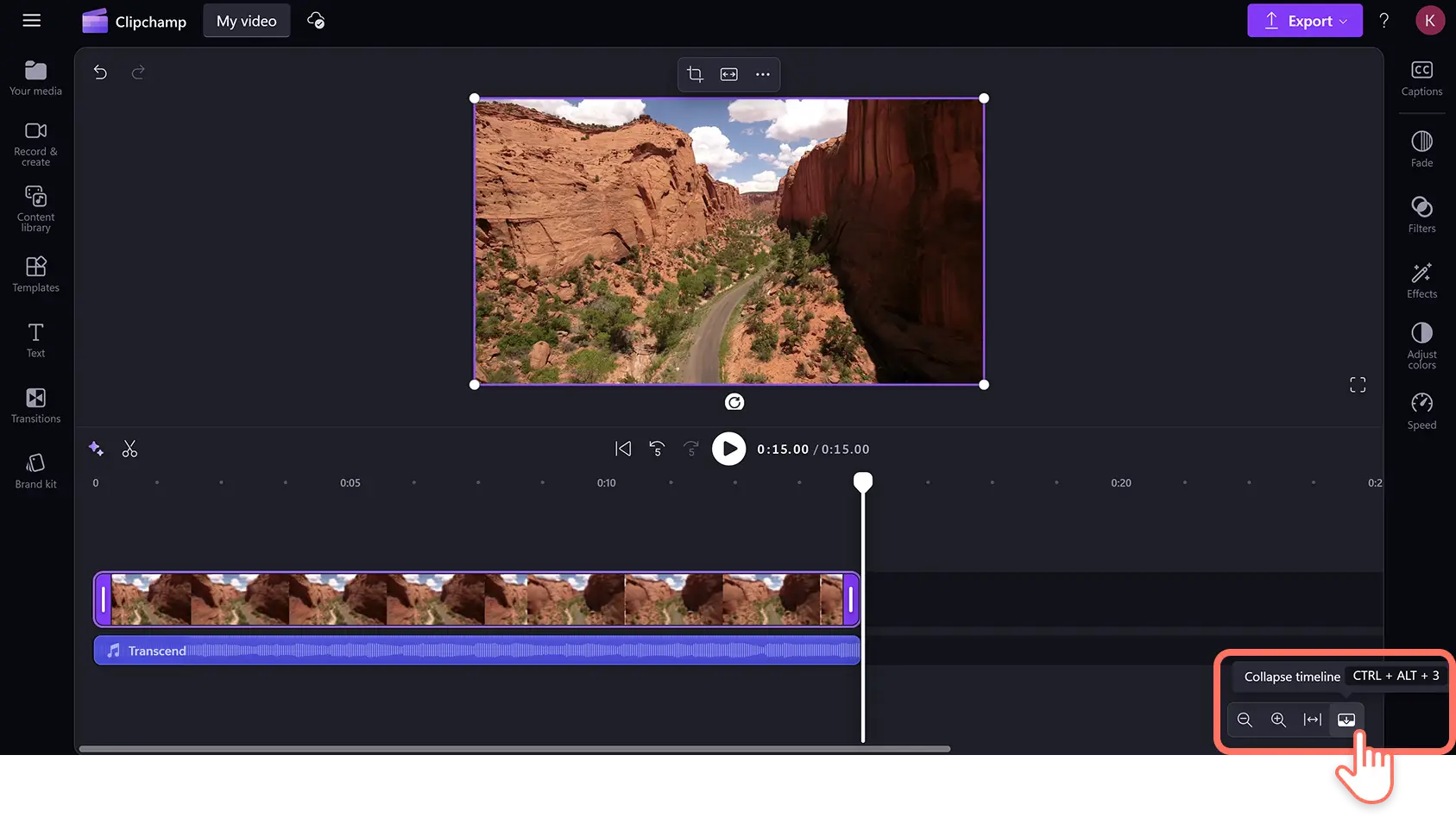 A user clicking on the collapse timeline button in Clipchamp.
