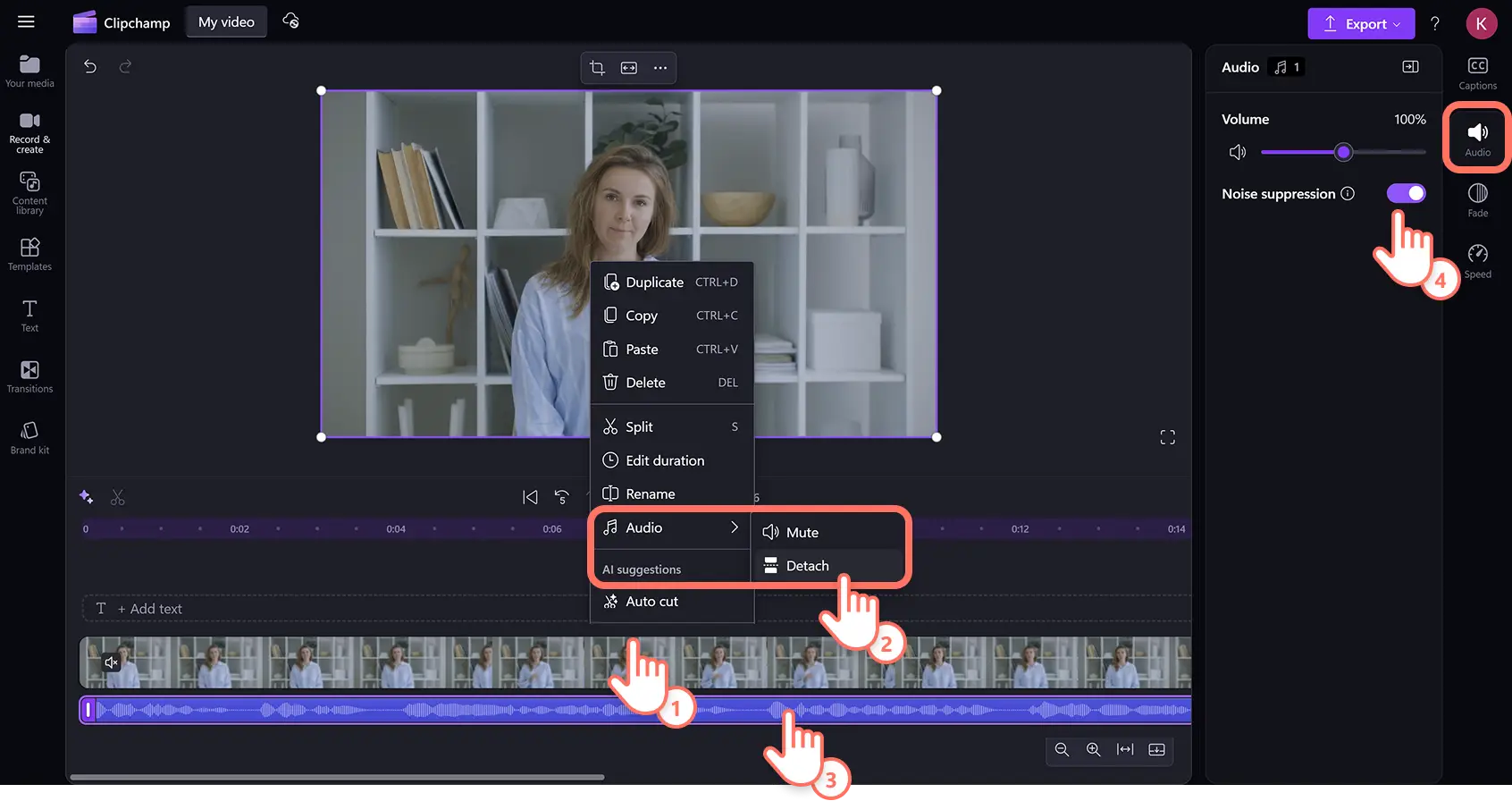 En bruker som løsner lyden og aktiverer støyreduksjon for en MOV-fil i videoredigeringsprogrammet Clipchamp.