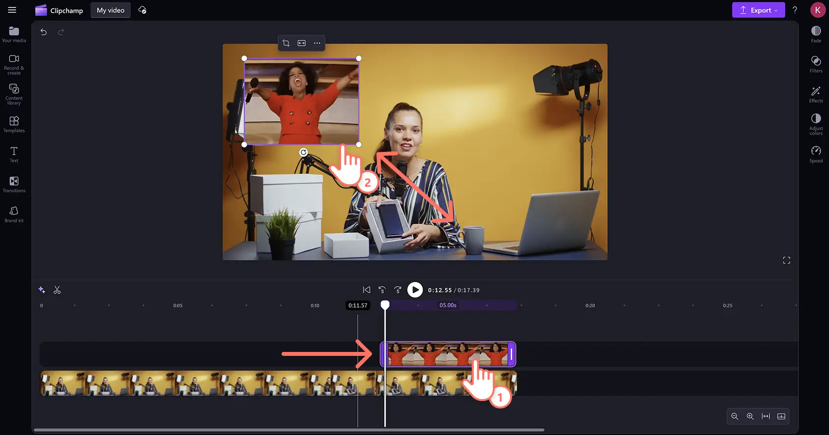 En bruker som omplasserer et GIF-overlegg i videoredigeringsprogrammet Clipchamp.