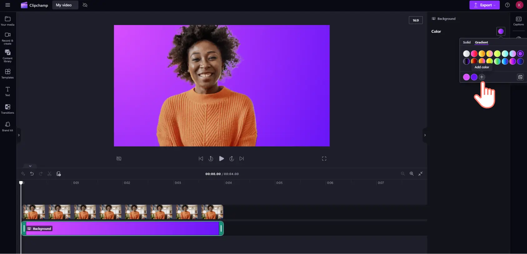A user adding a new color to their gradient background in Clipchamp.