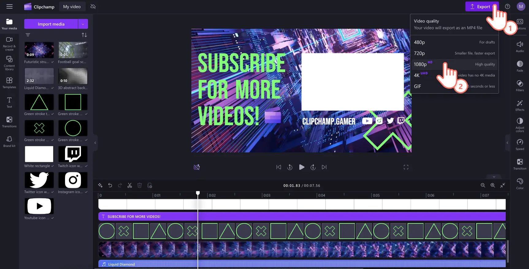 Une image d'un utilisateur exportant une vidéo en haute qualité dans Microsoft Clipchamp