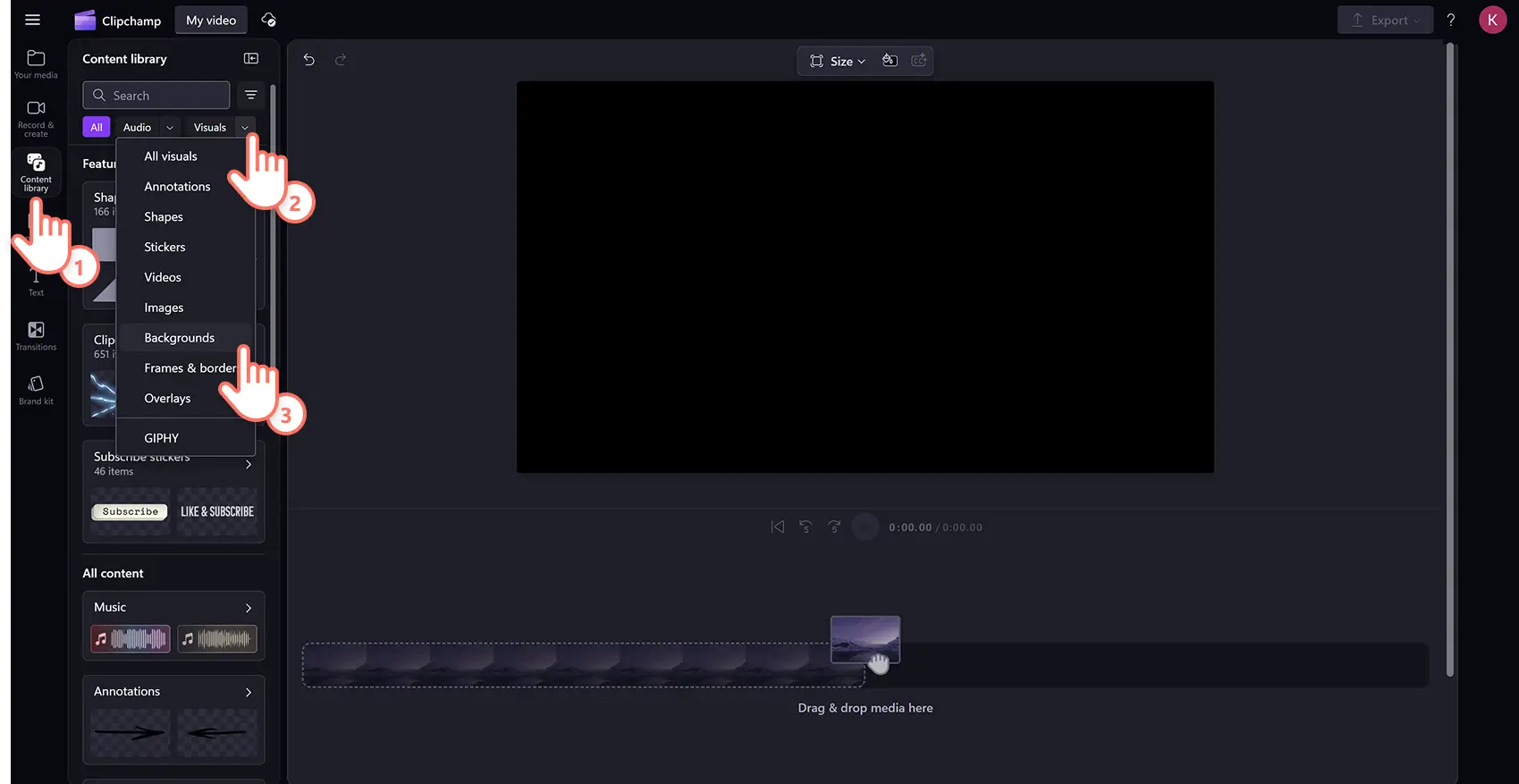 用户在 Clipchamp 视频编辑器中搜索库存背景视频。