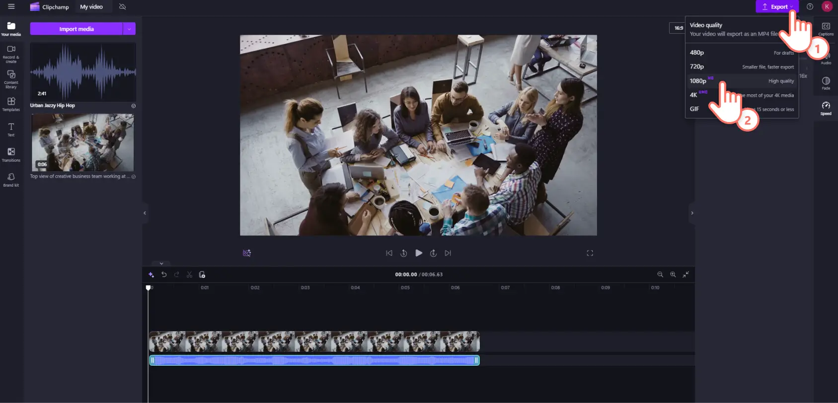 A user exporting a video with royalty-free background music in Clipchamp.