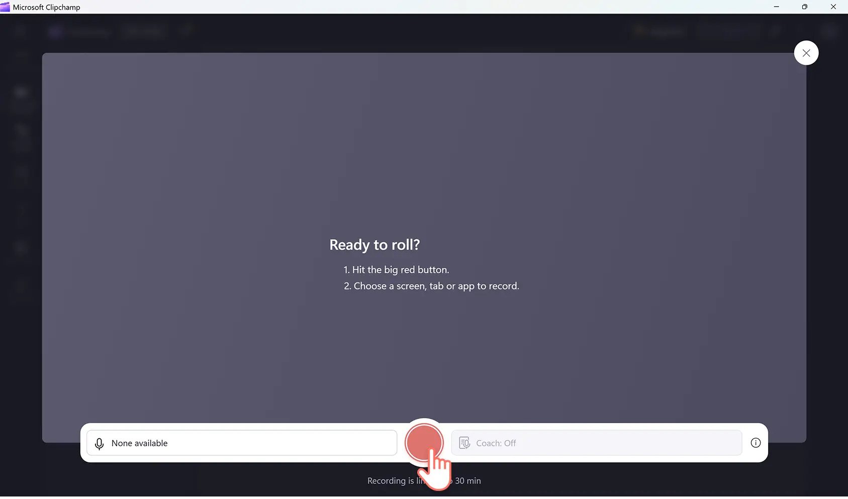 A user clicking on the record button for the screen recorder in the Microsoft Clipchamp Windows app on Windows 11.