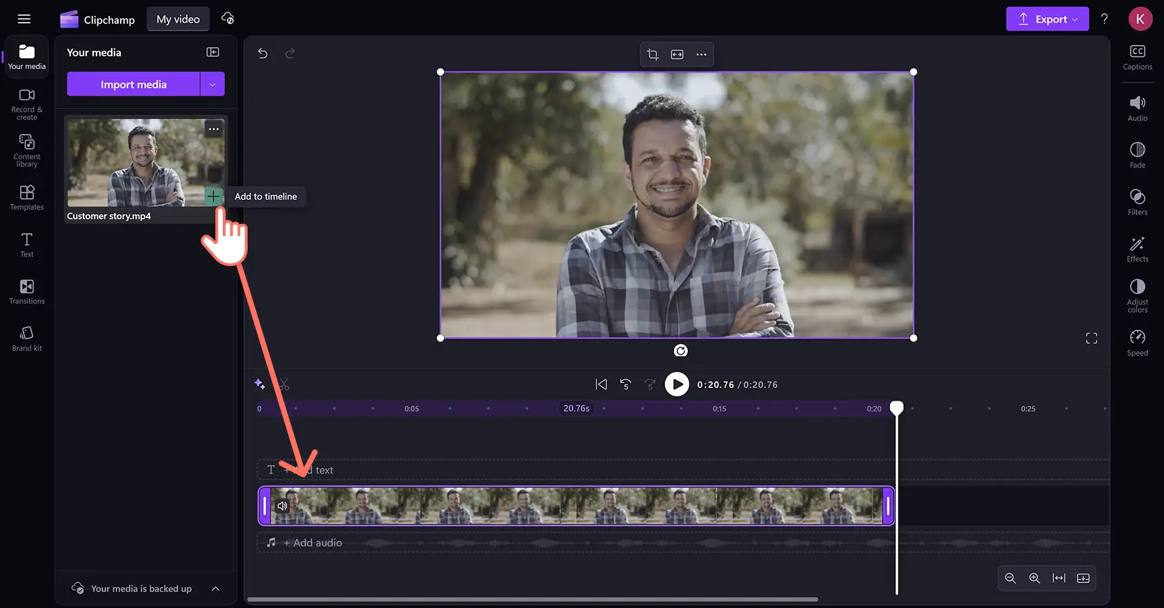 A user adding a video to the timeline in Clipchamp video editor.