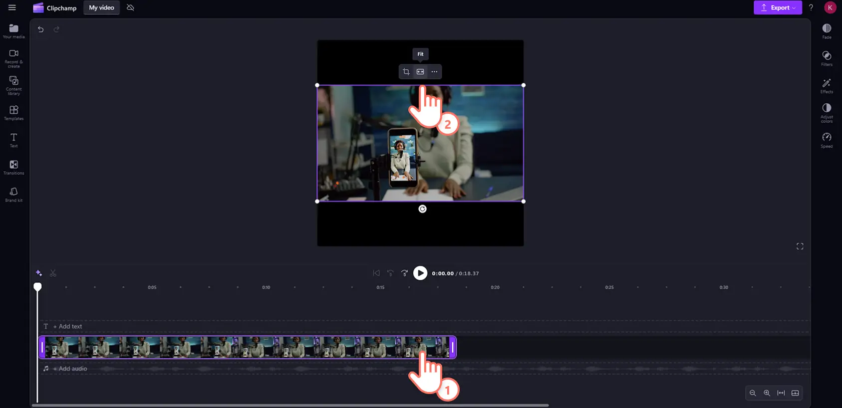 A user clicking the fill button to remove black borders from a YouTube video with a resized aspect ratio in Clipchamp.