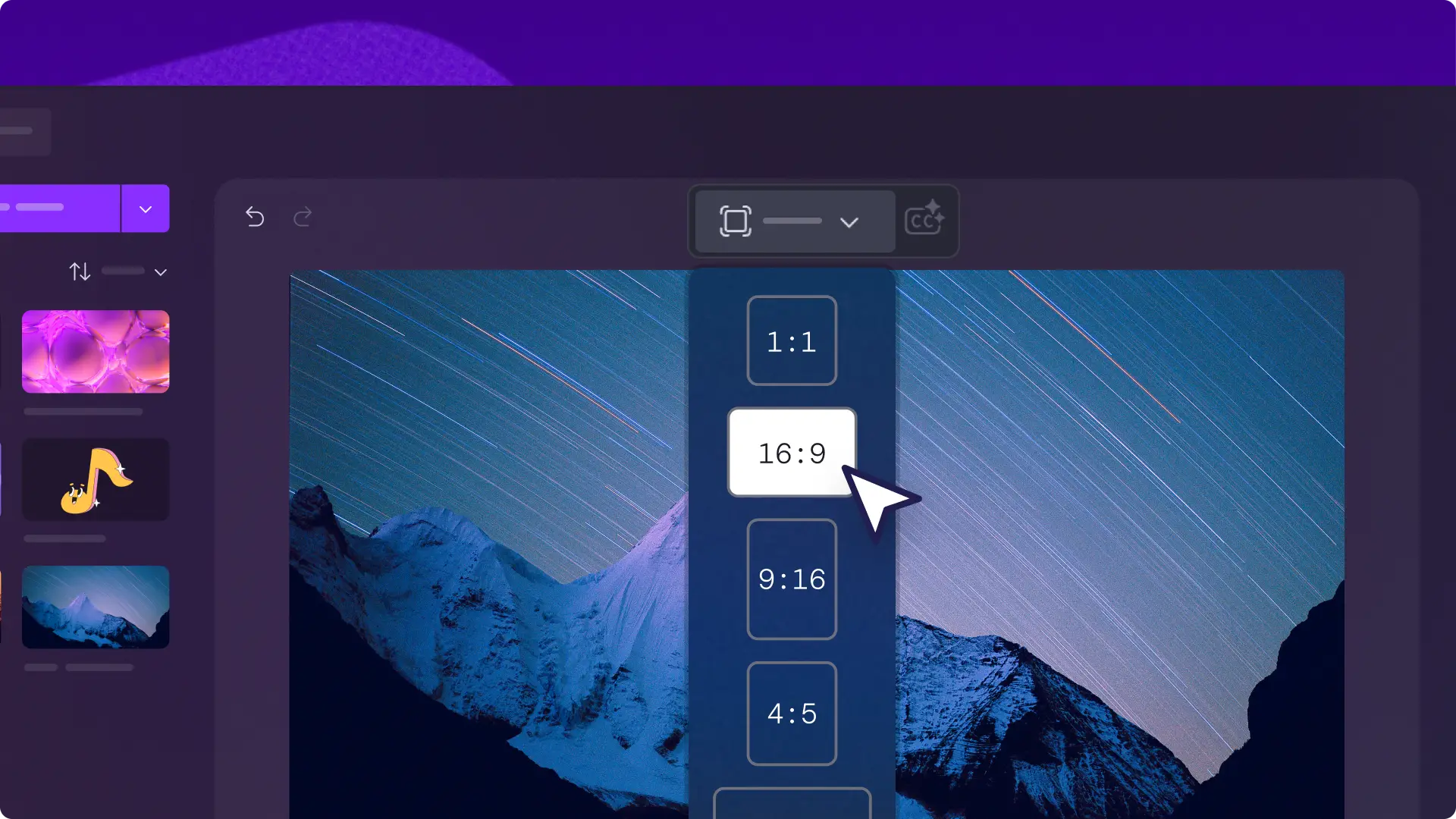 The video aspect ratio selector in Clipchamp.