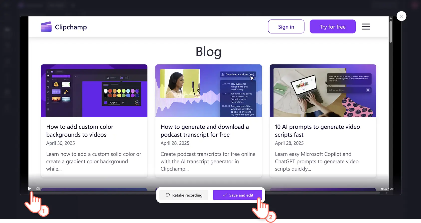 A user previewing and saving a screen recording in Clipchamp video editor.