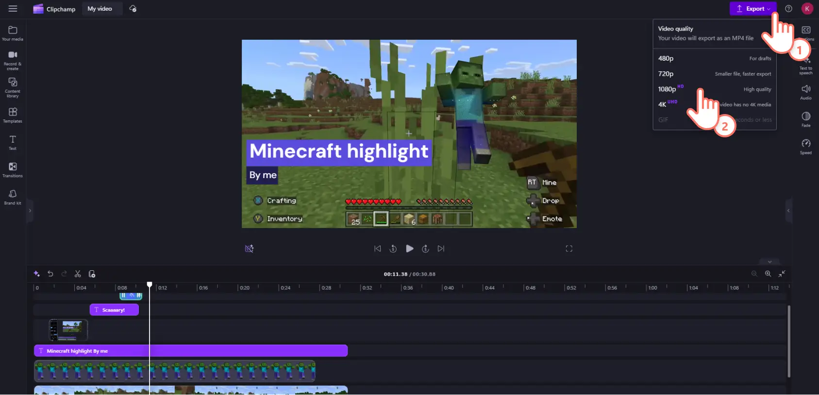Hình ảnh người dùng Clipchamp xuất video ở độ phân giải 1080p.