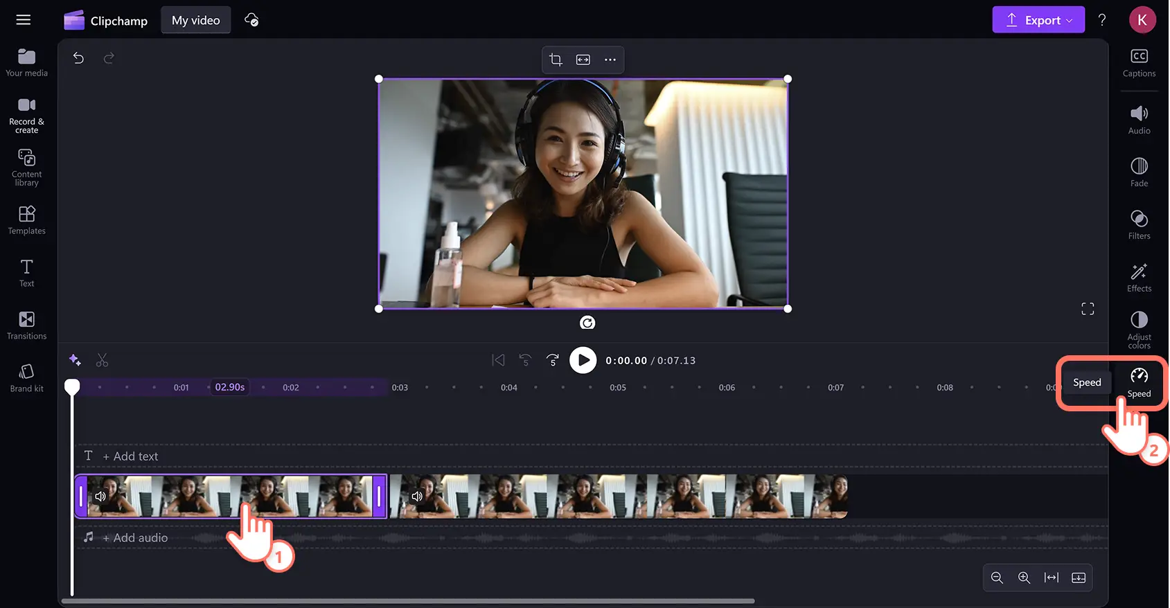 A user clicking on the speed button on the property panel in Clipchamp video editor.