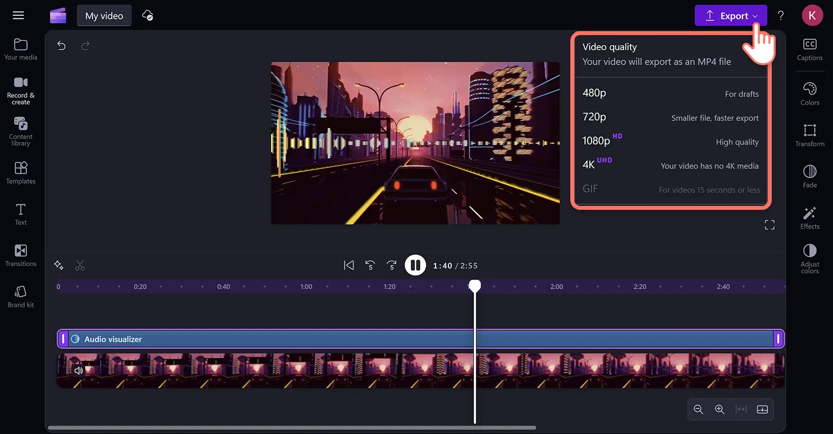A user exporting a music visualizer video in Clipchamp video editor.