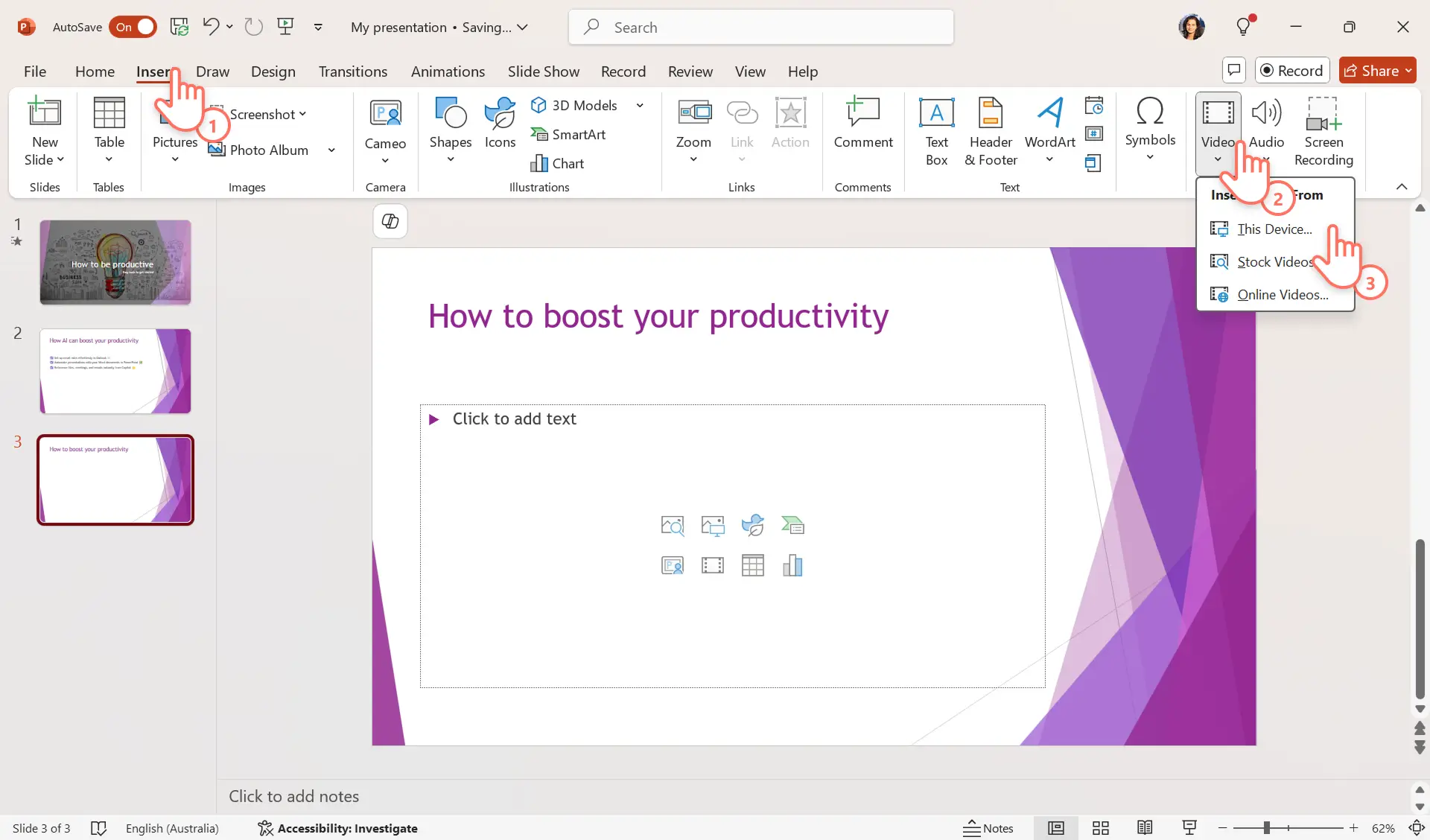 Un usuario añadiendo un vídeo desde el dispositivo en PowerPoint