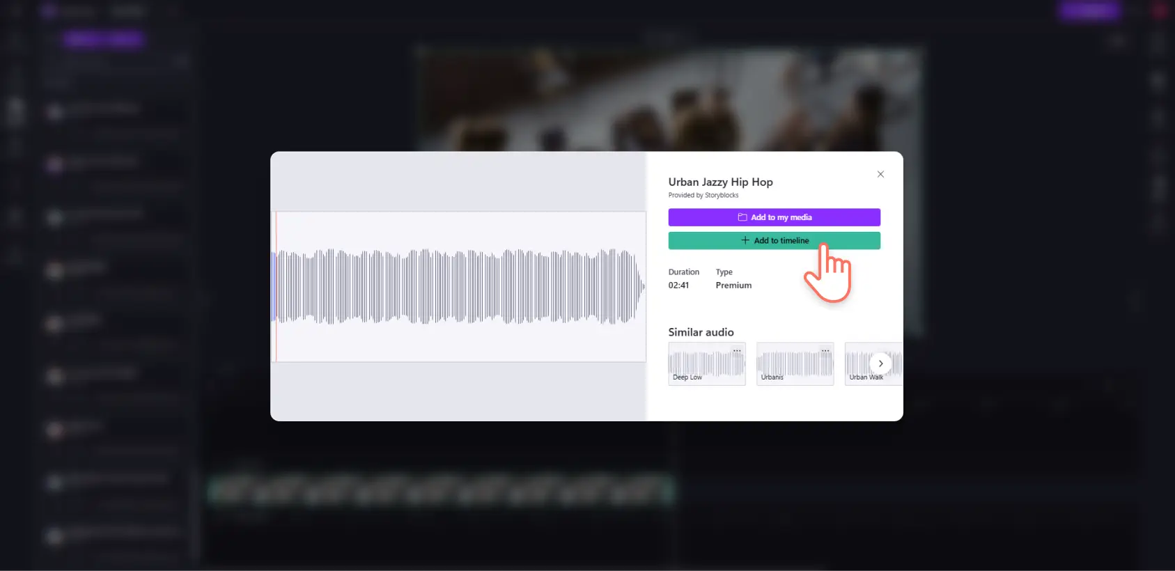 A user previewing a royalty-free audio file in the full-screen pop-up window in Clipchamp.