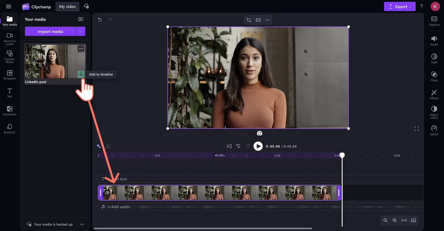 A user adding a video to the timeline in Clipchamp video editor. 