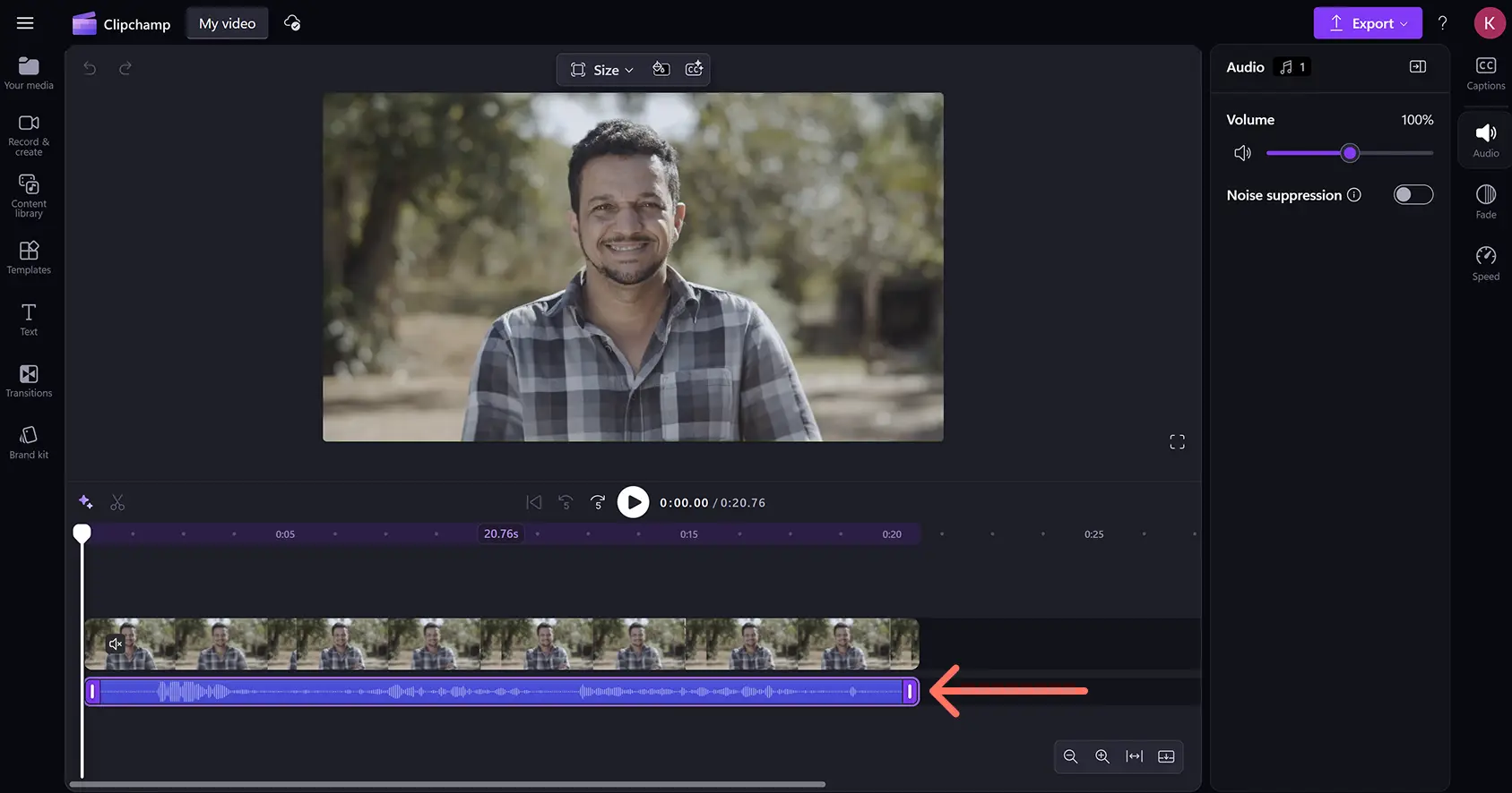 An audio track separated from a video asset on the timeline in Clipchamp video editor.