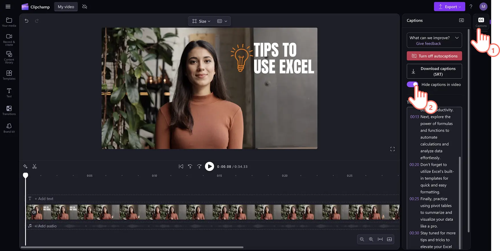 Eine Person, die die die automatischen Untertitel in Clipchamp ausblendet.