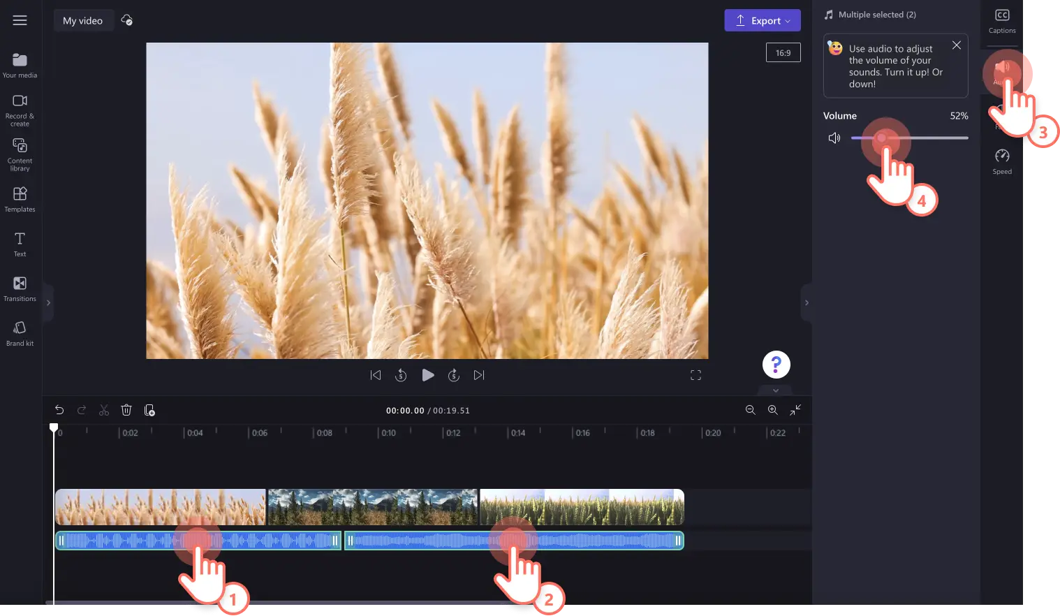 An image of a user using the multi-item feature to edit multiple audio tracks.