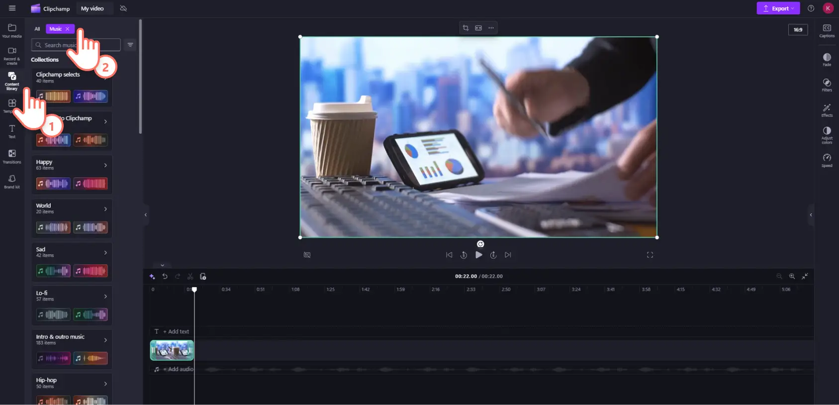 A user accessing the royalty-free background music catalogue in the Clipchamp content library.