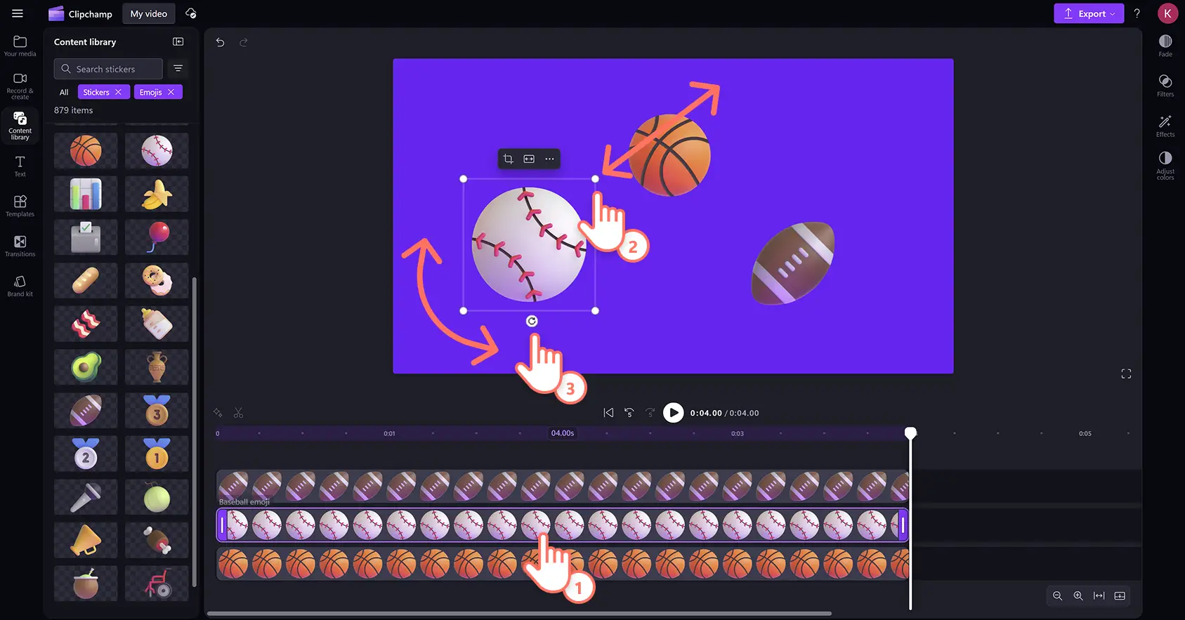 Użytkownik edytujący naklejki z emotikonami za pomocą narzędzia do rysowania odręcznego w edytorze wideo Clipchamp.