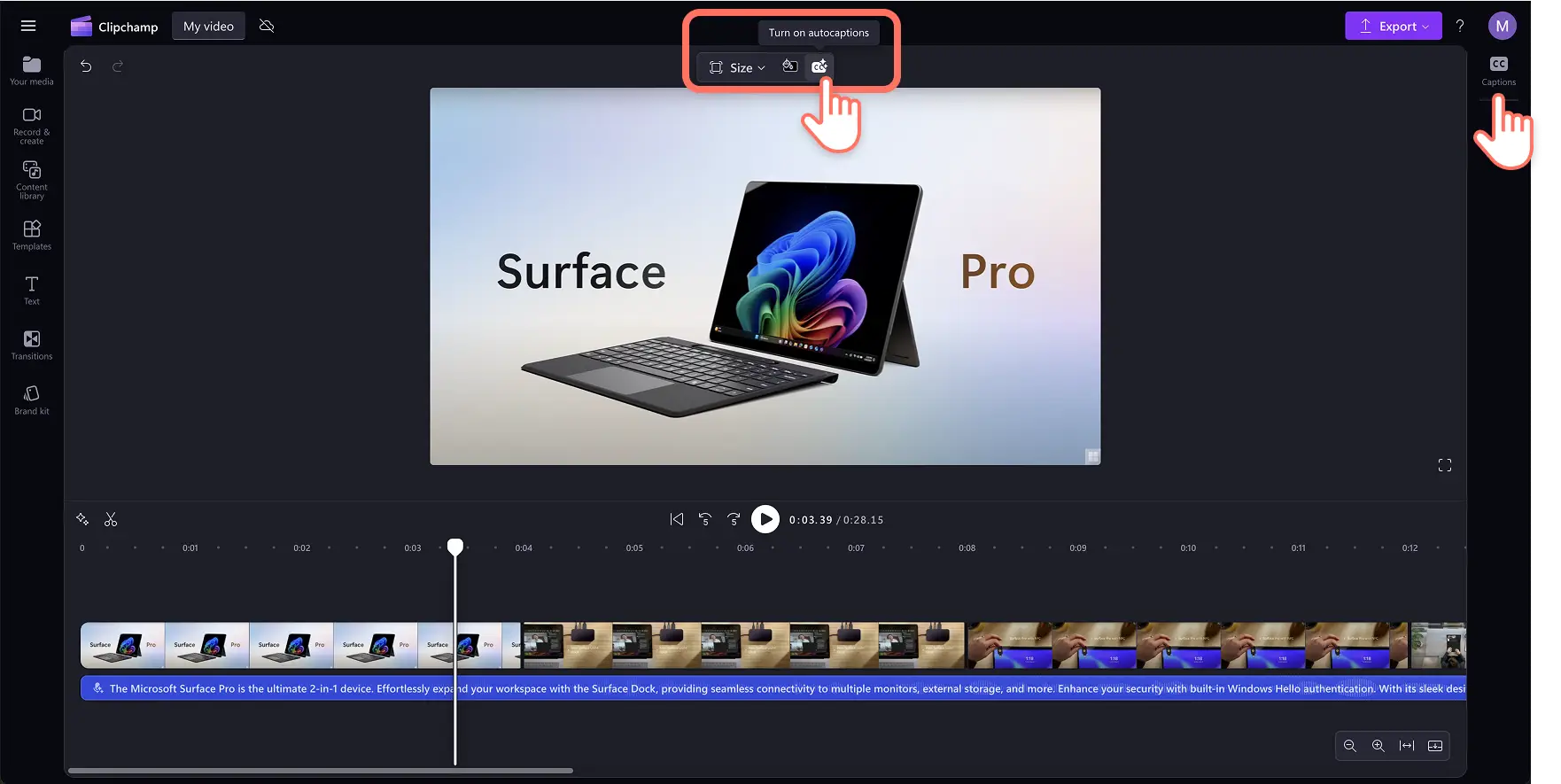 Obraz przedstawiający użytkownika generującego napisy w Clipchamp.