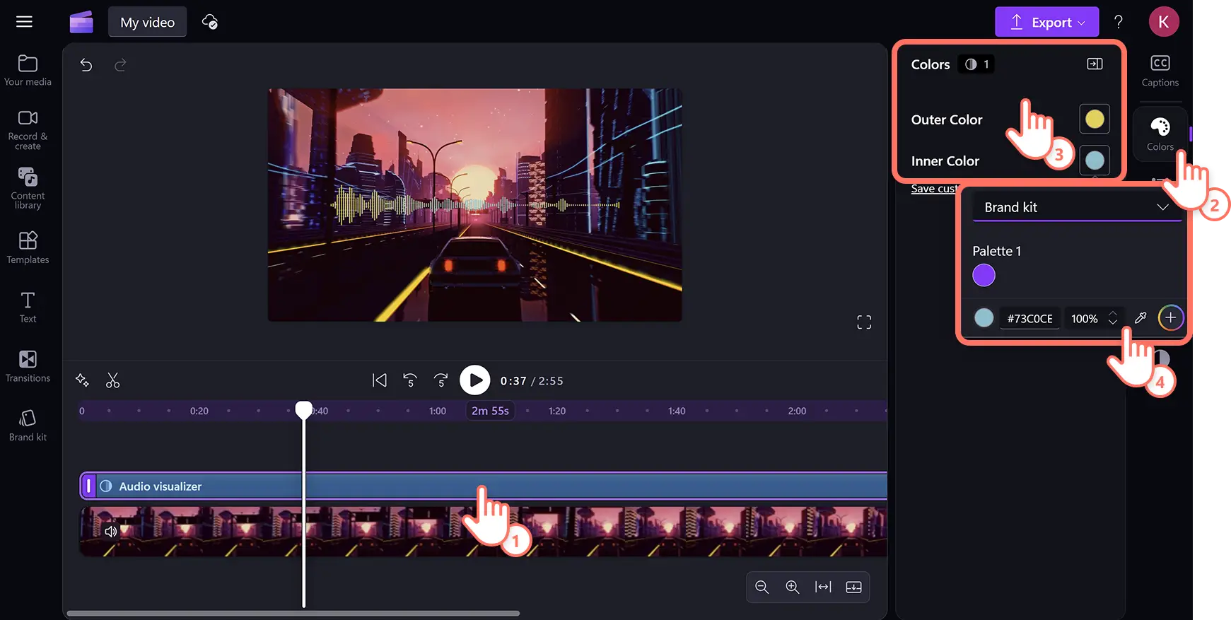 A user editing the colors of the music visualizer in Clipchamp video editor.