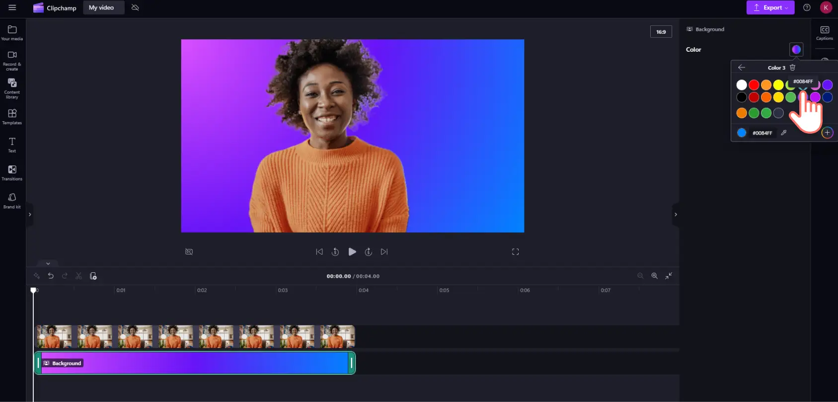 A user adding a new color to their gradient background in Clipchamp.