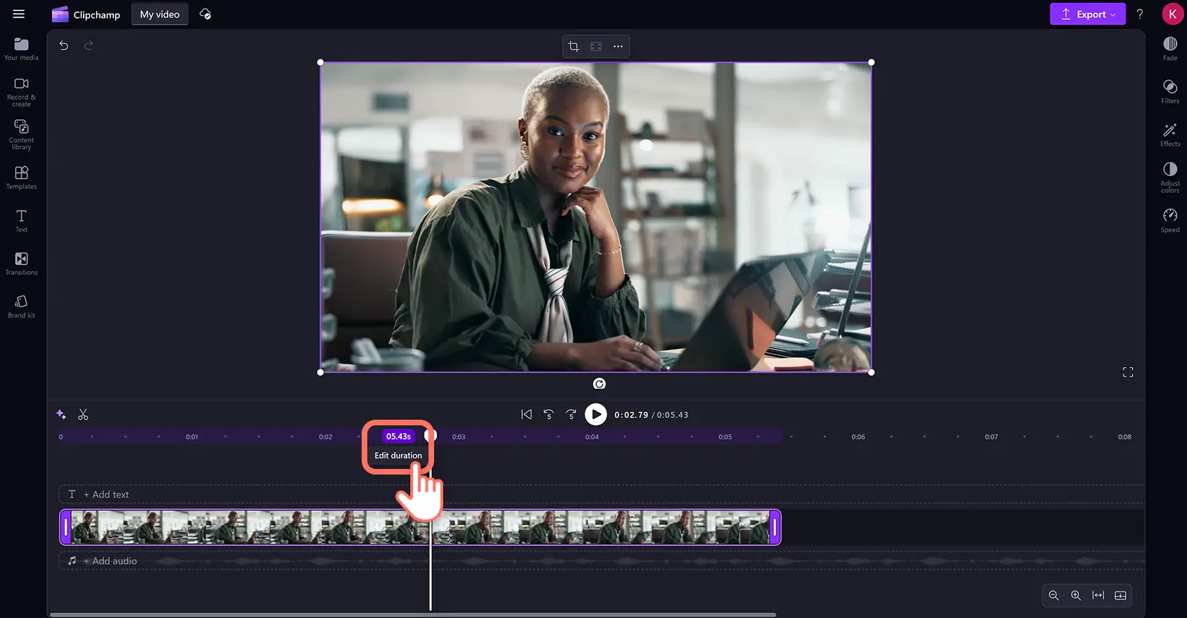 A user trimming the duration of a video asset by manually entering the timestamp duration in Clipchamp video editor.