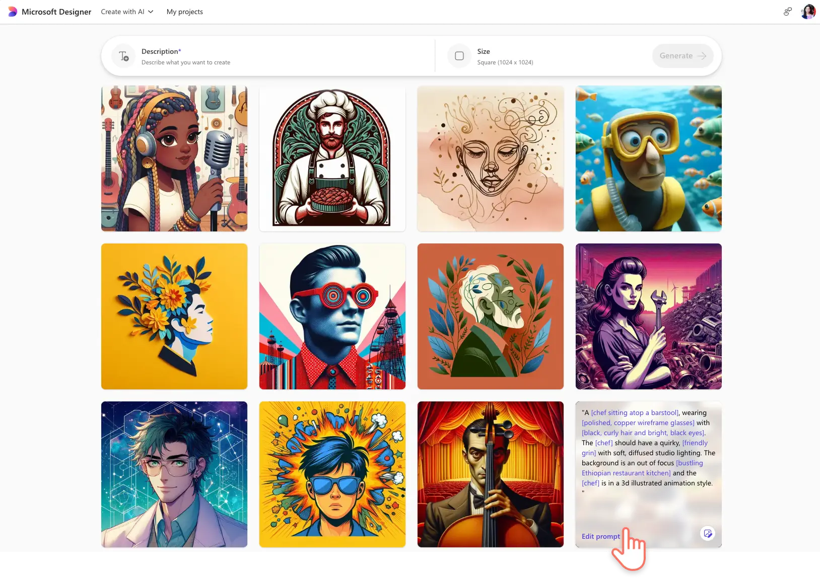 Ein Benutzer durchsucht die KI generierten Avatare im Microsoft Image Creator