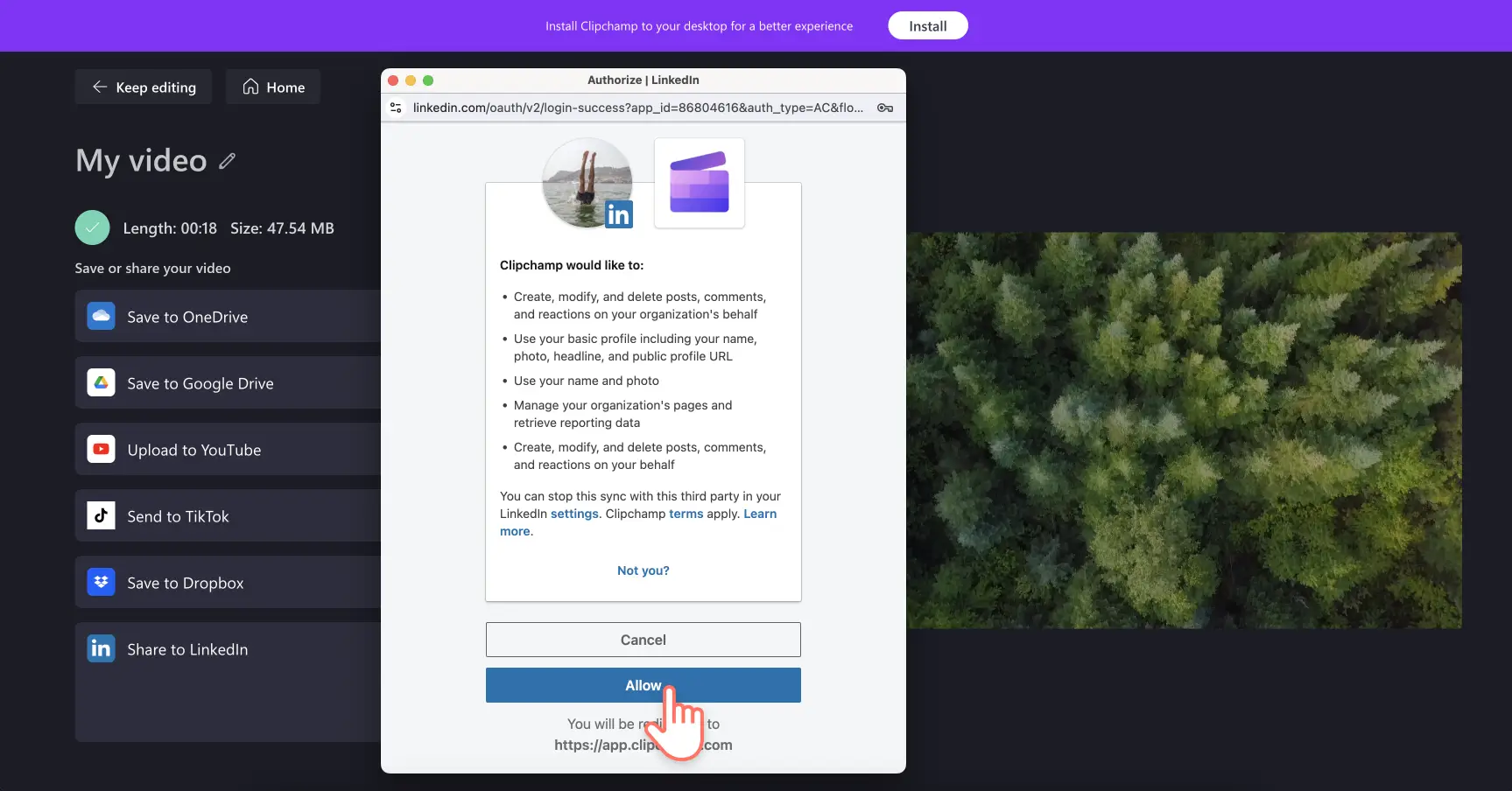 Clipchamp’te LinkedIn’e erişim izni veren bir kullanıcının resmi.