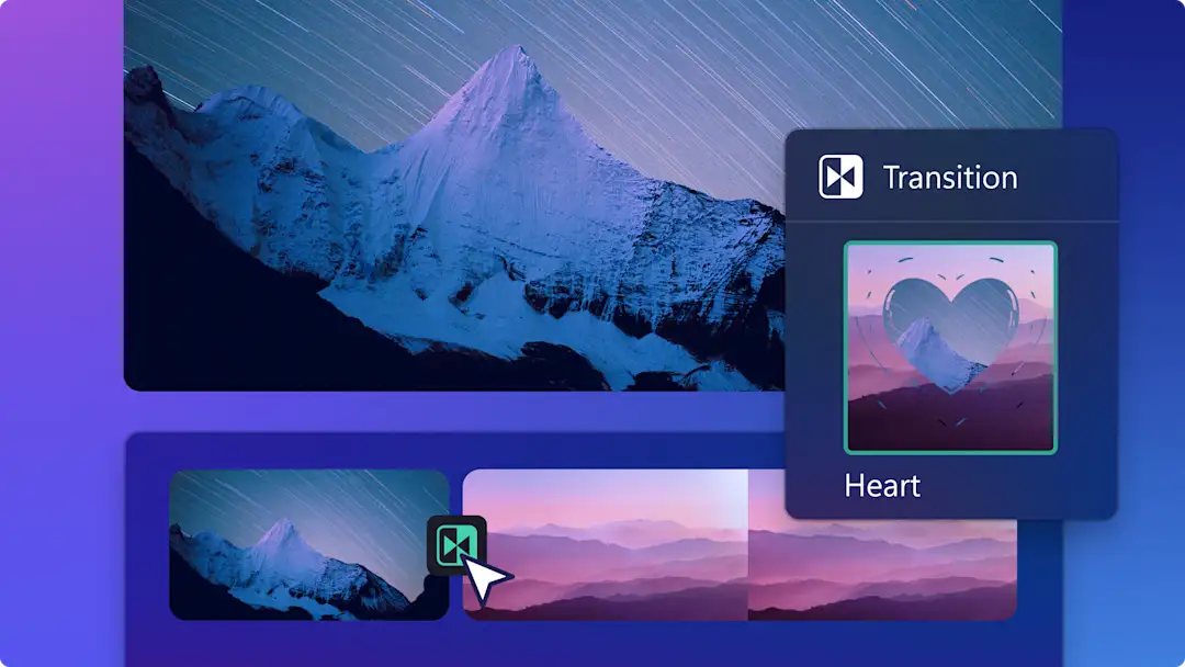 Clipchamp-тағы бейнелерге қосылып жатқан "жүрек" өту әсерінің абстрактілі суреті