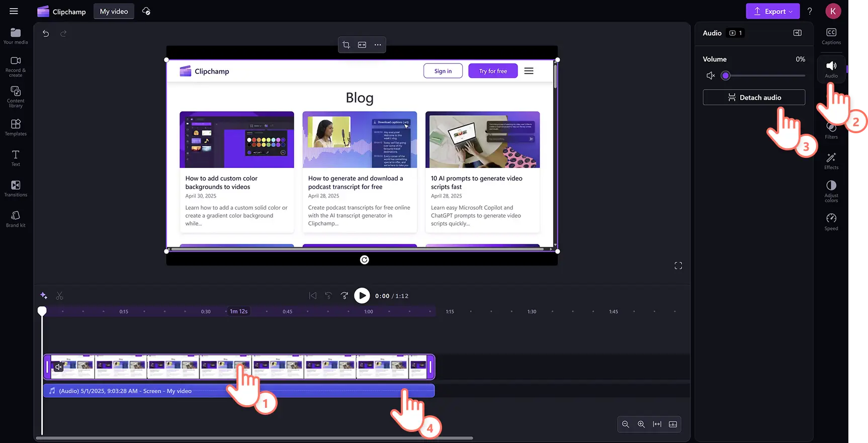 A user detaching audio from a screen recording in Clipchamp video editor.