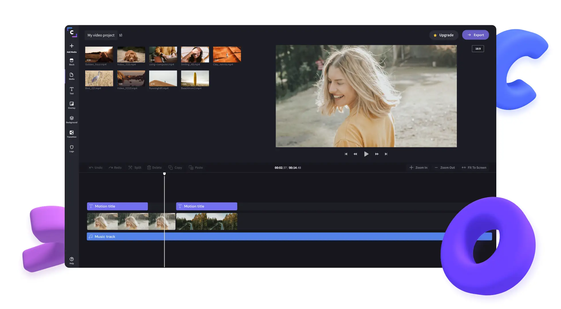 Skjermbilde av Clipchamps videoverktøy Animerte titler, videoklipp og musikkspor redigeres på tidslinjen.