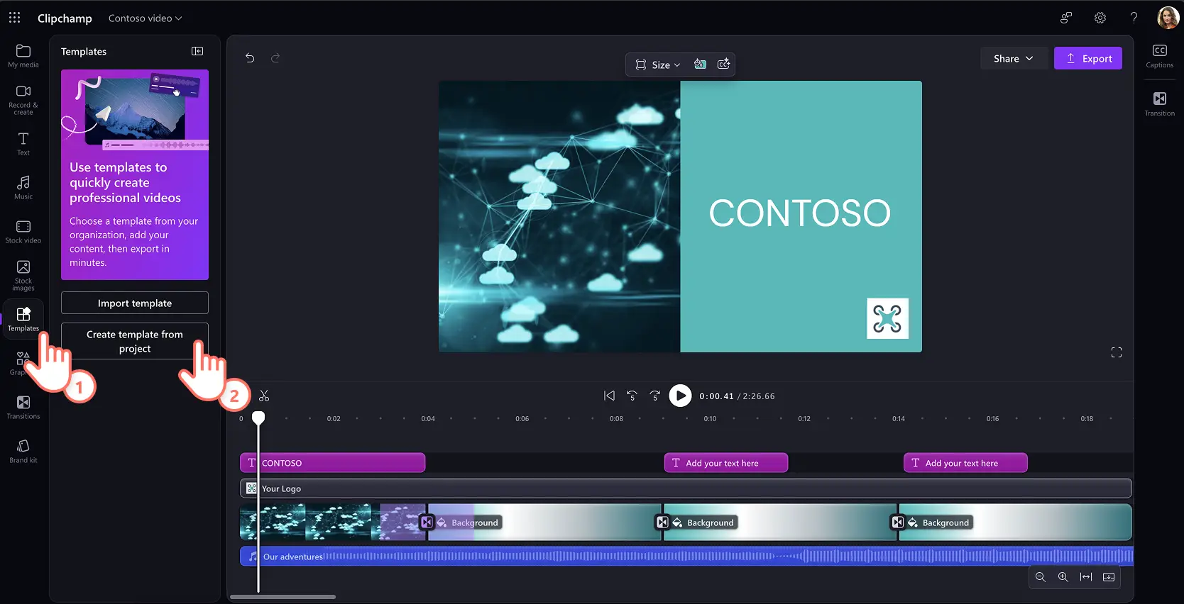 Użytkownik przekształcający projekt wideo w szablon wideo w aplikacji Clipchamp