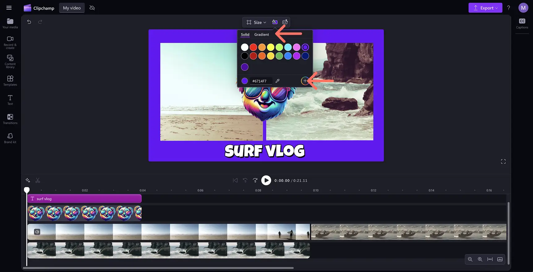 A user adding a custom HEX code or making a gradient background in Clipchamp