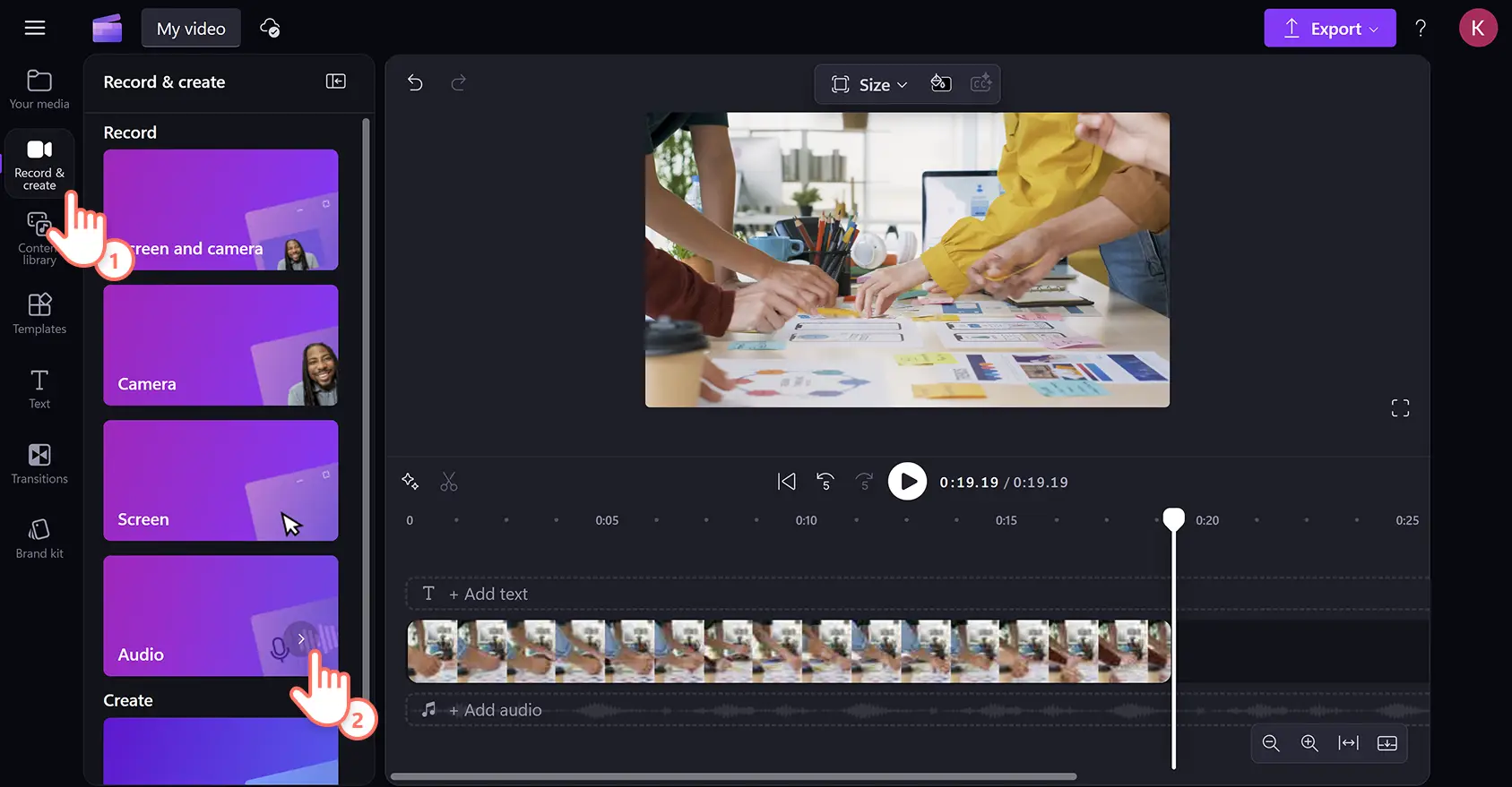 A user selecting the free online audio recorder in Clipchamp video editor.